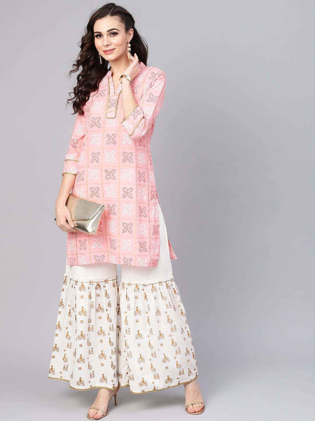 Women Pink & Off White Hair Wool Straight Kurta