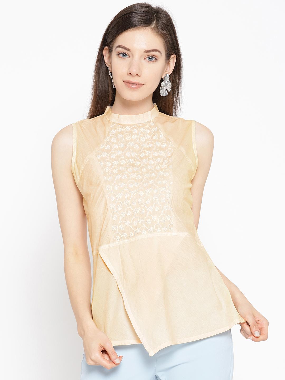 Buy ADA Women Beige Chikankari Embroidered A Line Sustainable Pure ...