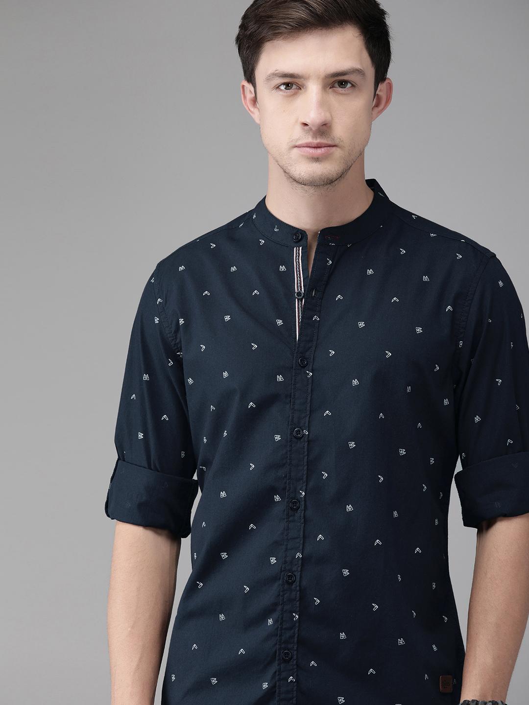 Roadster Men Navy Blue  White Regular Fit Printed Casual Shirt