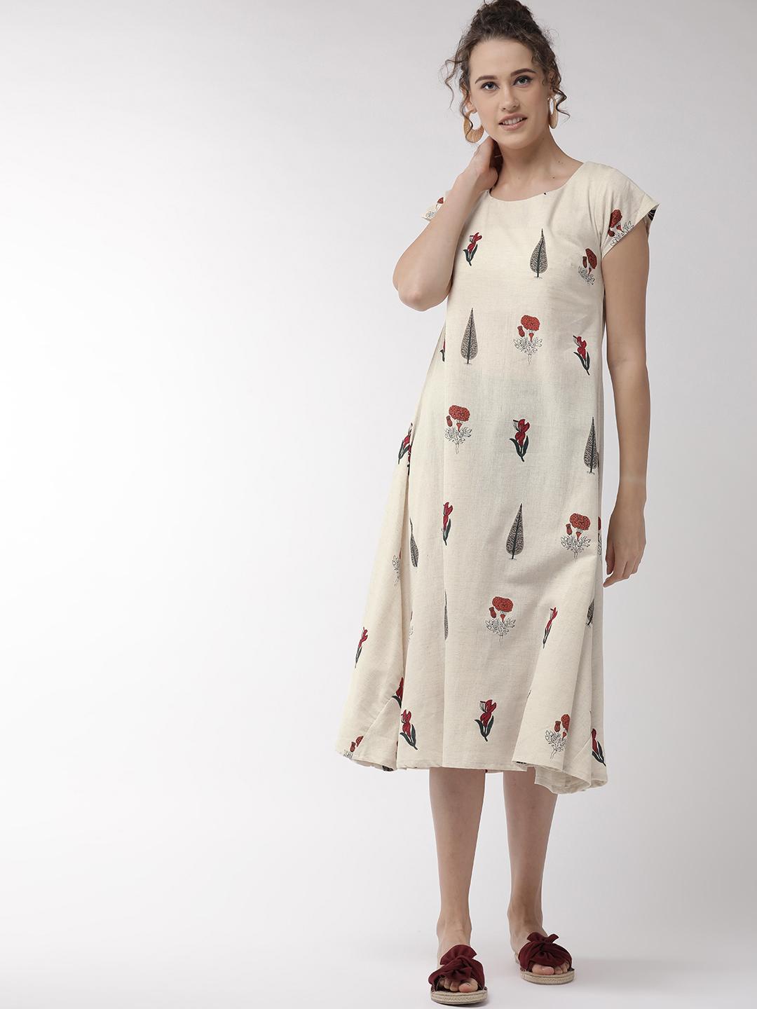 Buy InWeave Women Off White & Red Floral Print A Line Ethnic Dress - - Apparel for Women