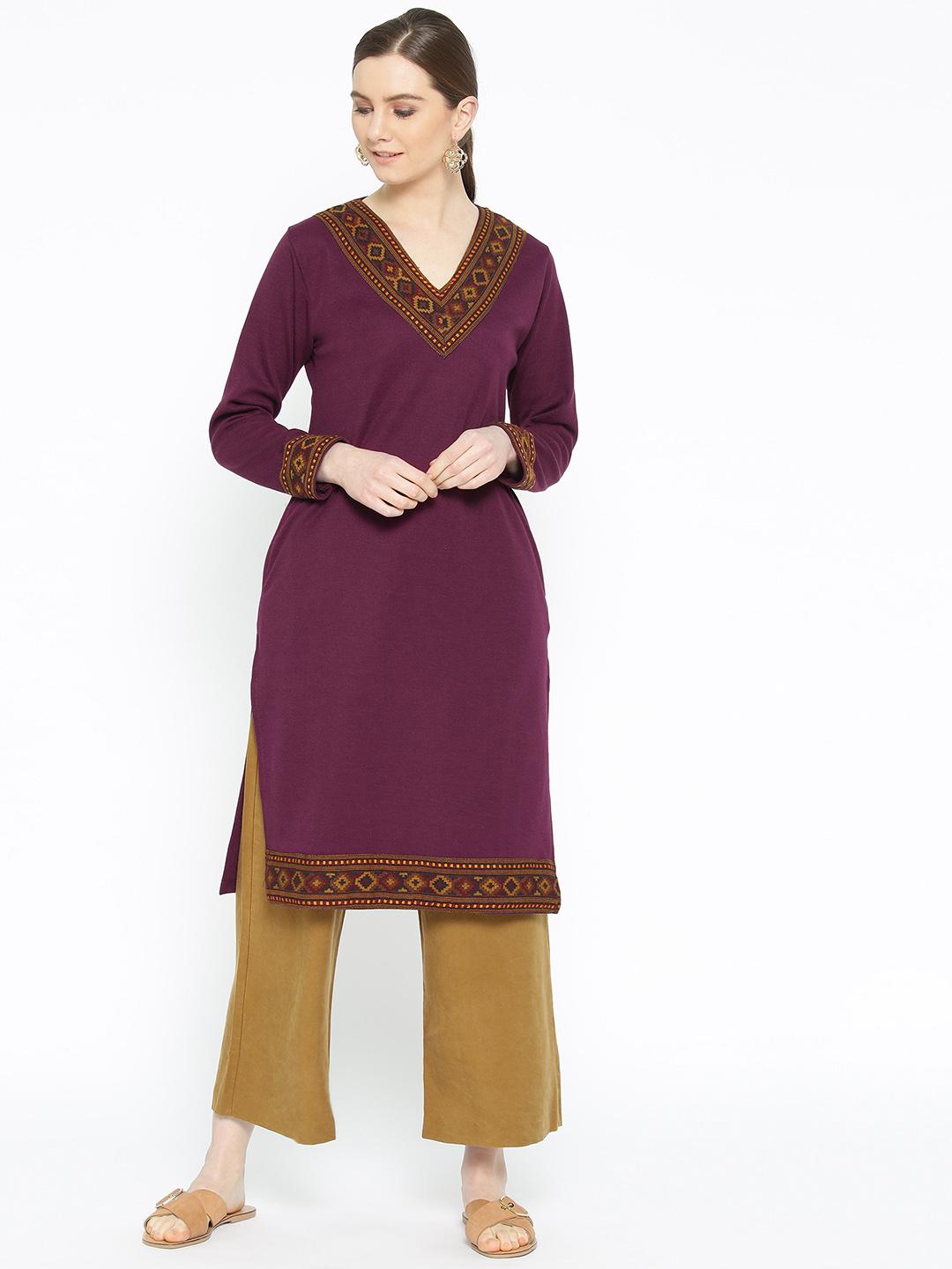 Vastraa Fusion Women's Traditional Woolen V-Neck Solid Kurti