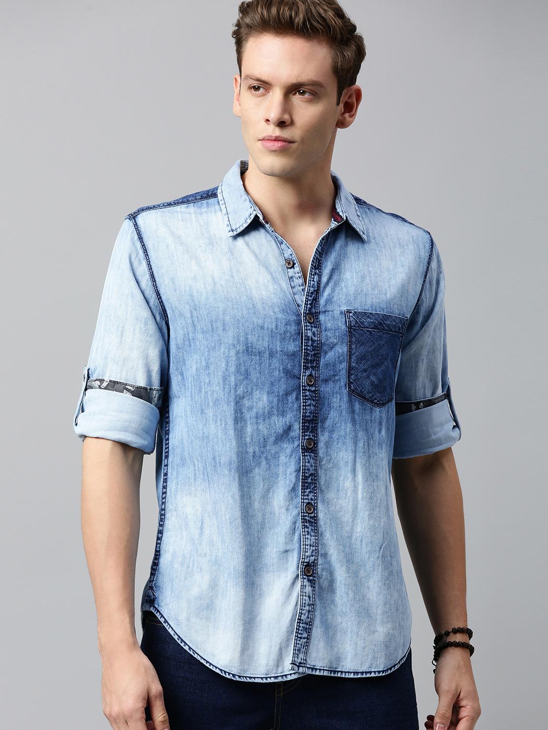 Buy Roadster Men Blue Regular Fit Faded Casual Chambray Shirt -  - Apparel for Men