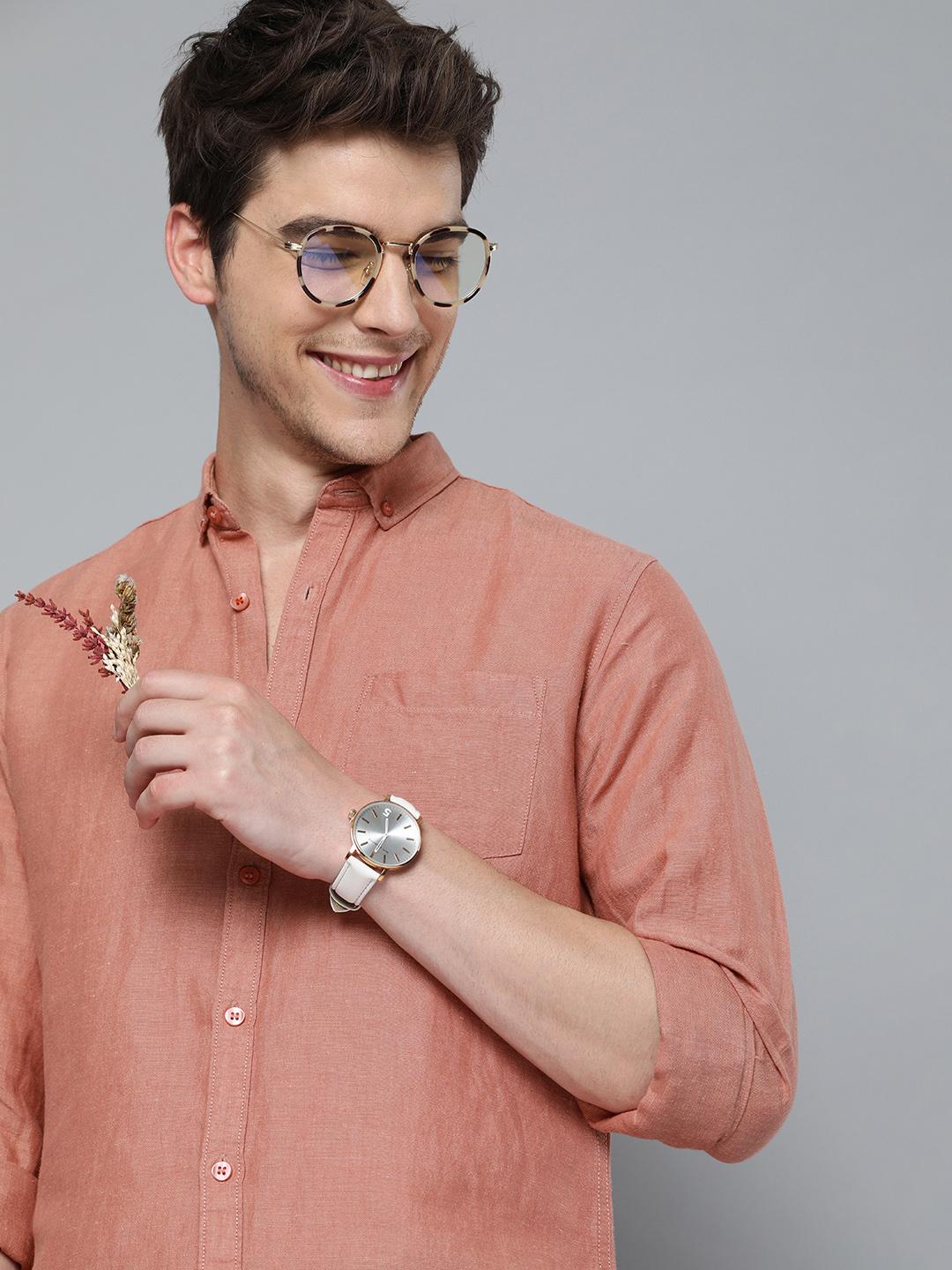 Buy Mast & Harbour Men Rust Pink Regular Fit Solid Casual Linen Cotton ...