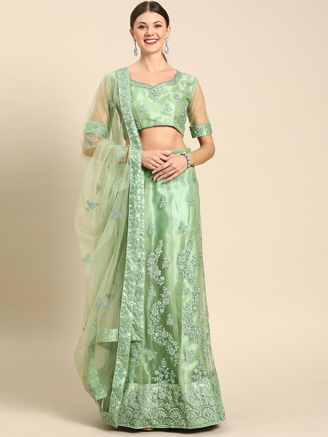 Green Embroidered Semi-Stitched Lehenga & Unstitched Blouse With Dupatta