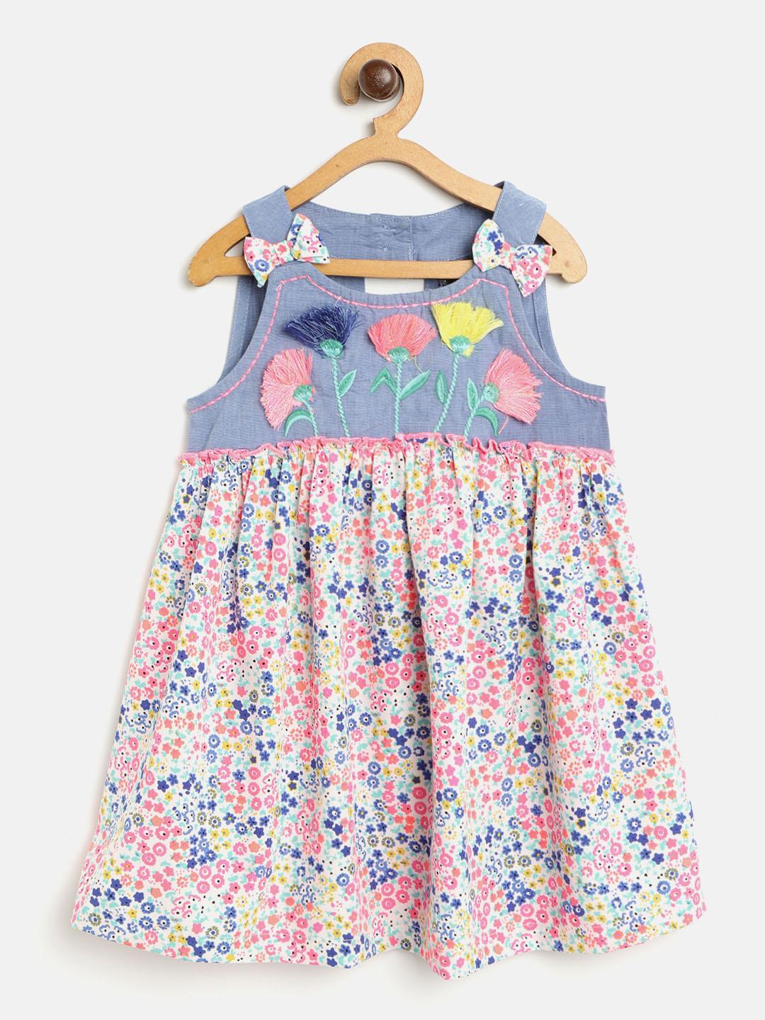 Nautinati Girls Floral Printed Gathered Or Pleated Fit Flare Dress