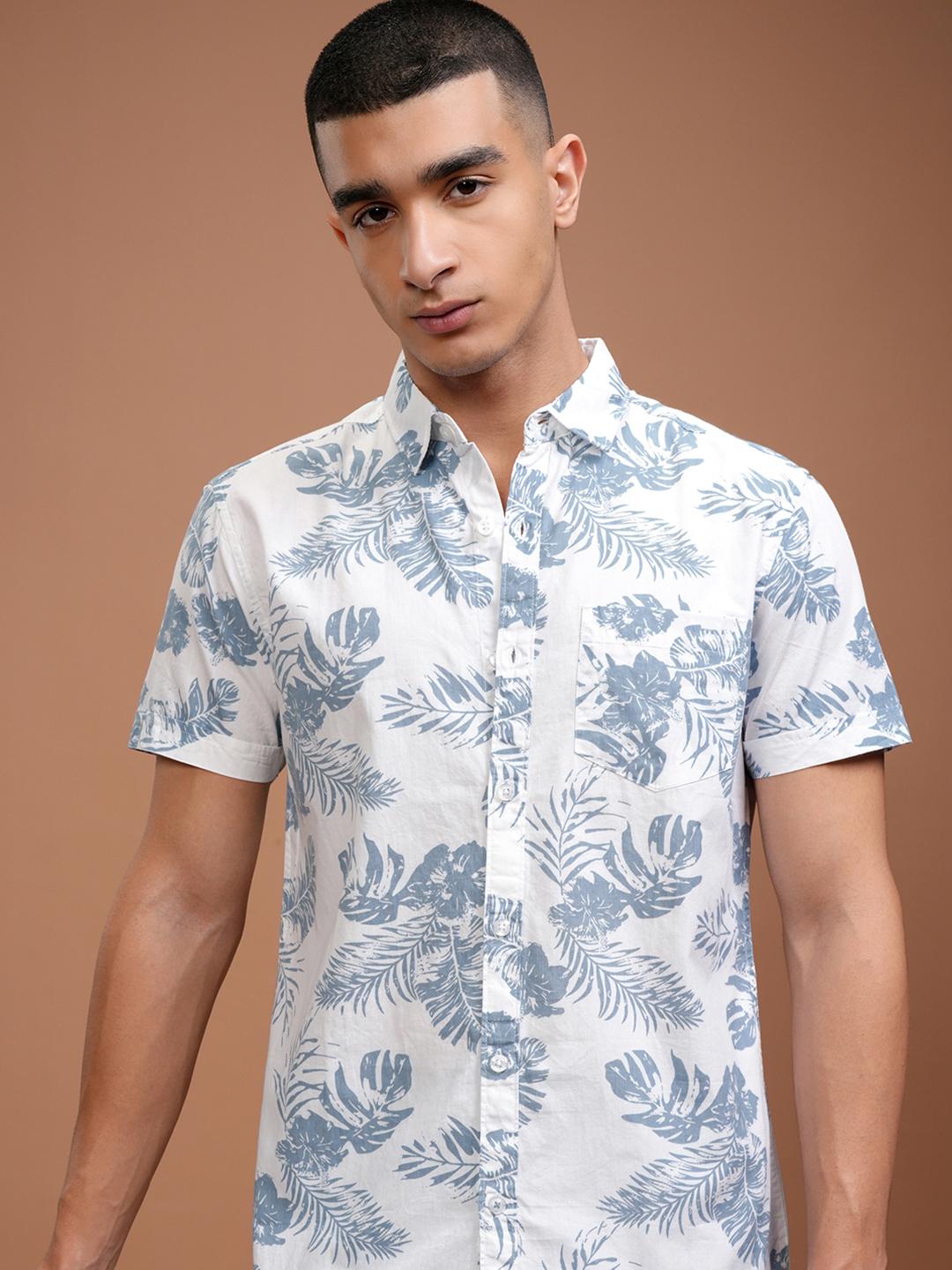 HIGHLANDER Men White & Blue Slim Fit Printed Casual Shirt