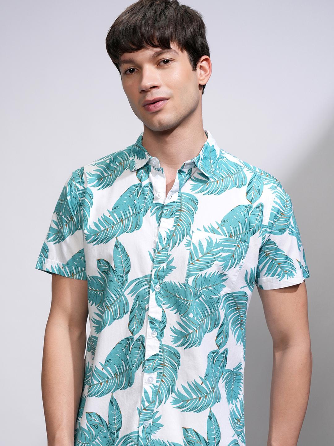 HIGHLANDER Men White & Green Slim Fit Printed Casual Shirt