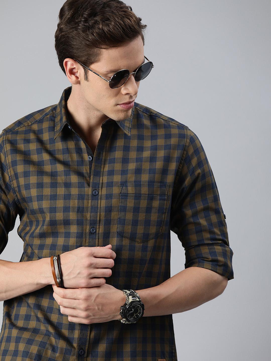 Roadster Men Teal Blue & Olive Brown Regular Fit Checked Casual Shirt