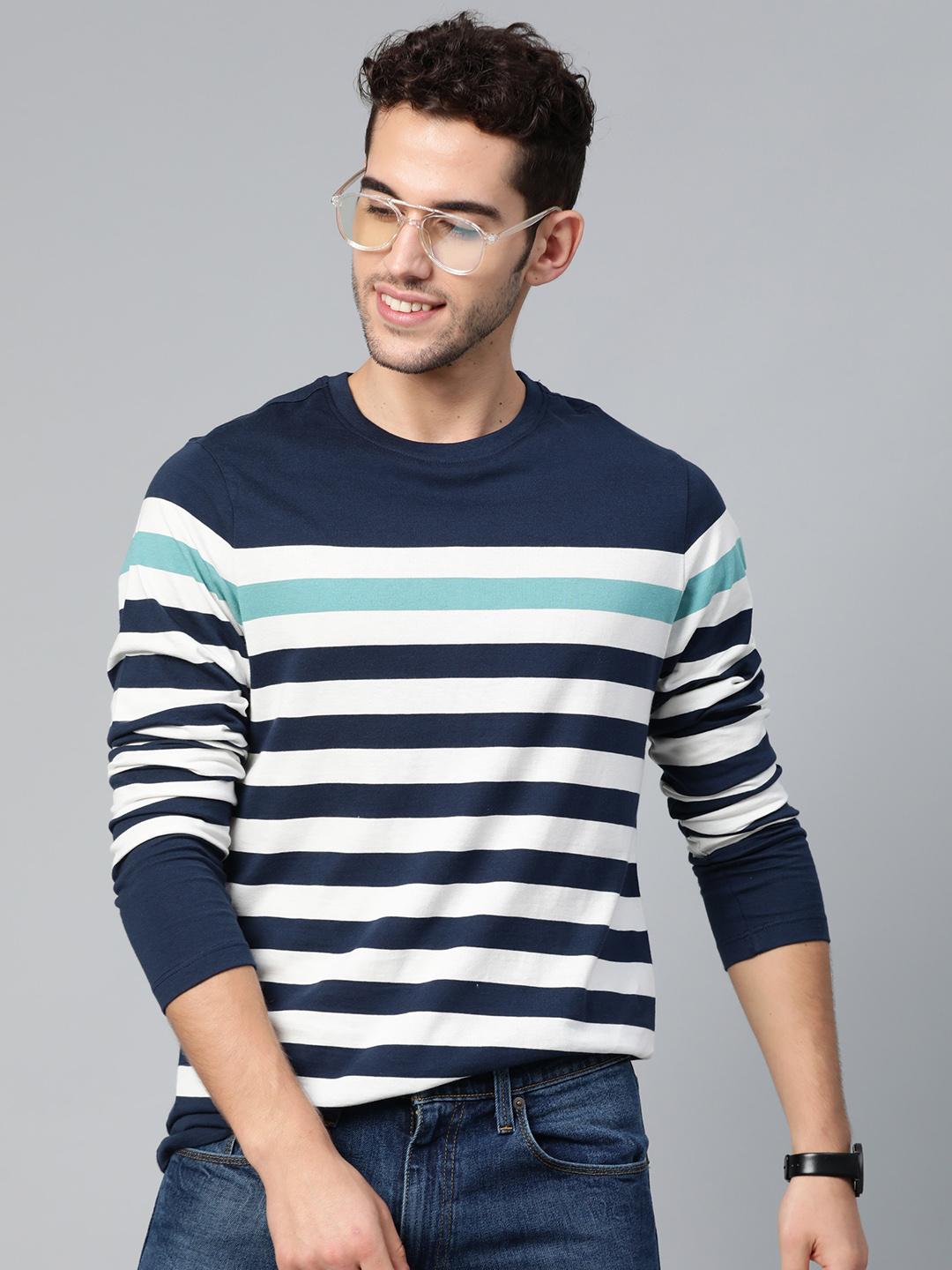 Men's Blue Striped Round Neck T-Shirt