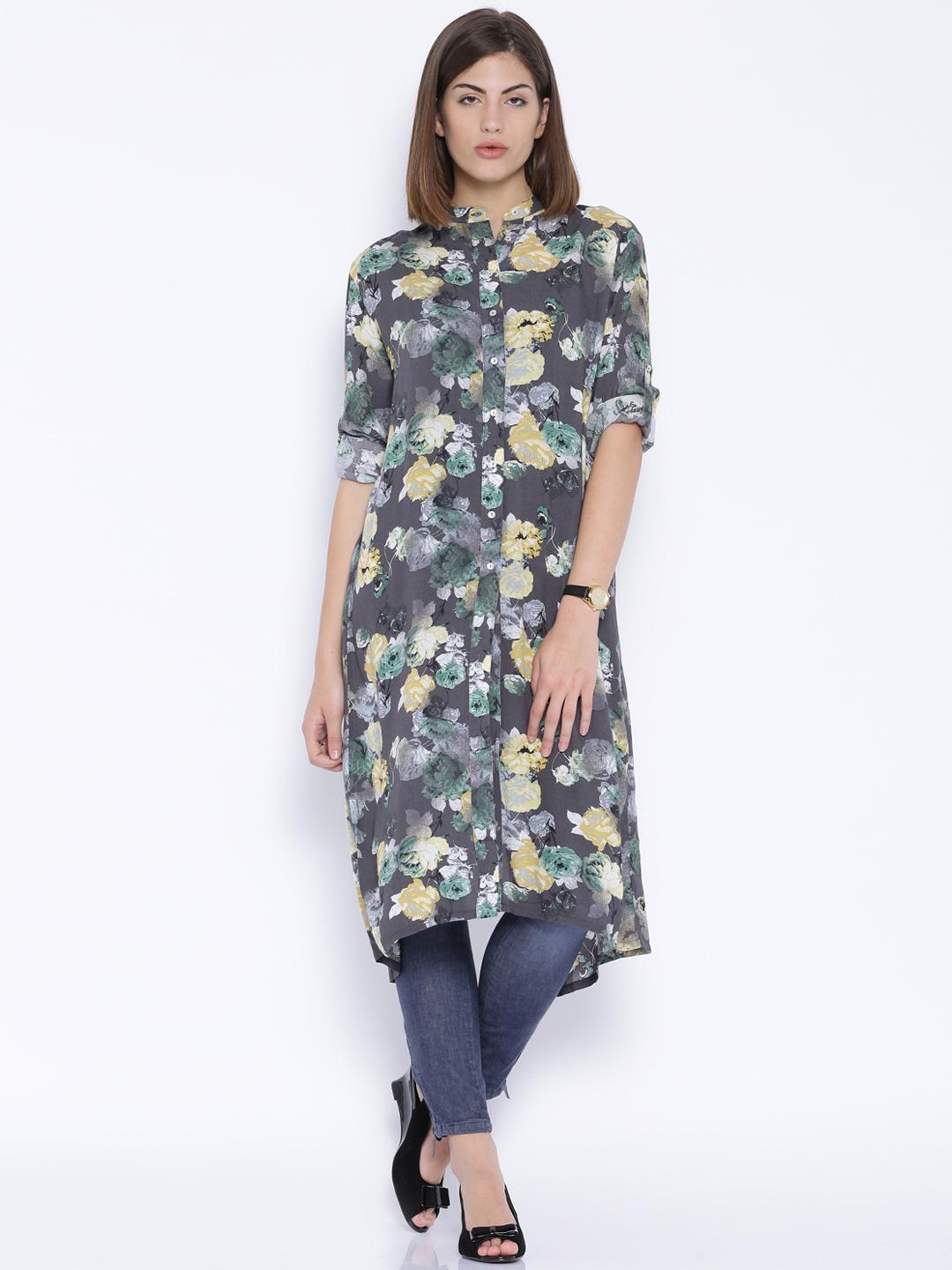 Buy Tokyo Talkies Women Charcoal Grey & Yellow Floral Printed Maxi ...
