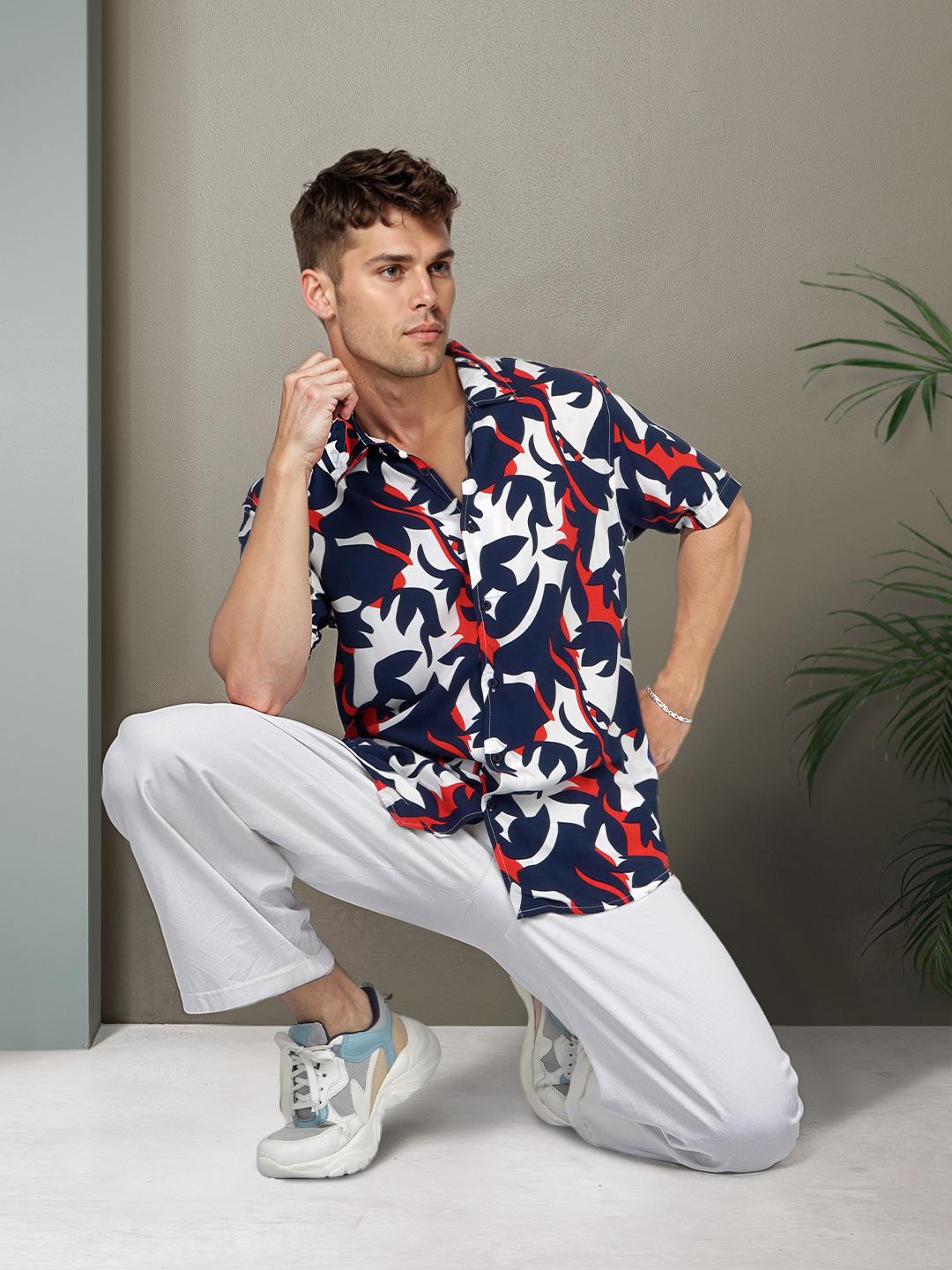 HERE&NOW Men White & Navy Blue Slim Fit Printed Casual Shirt