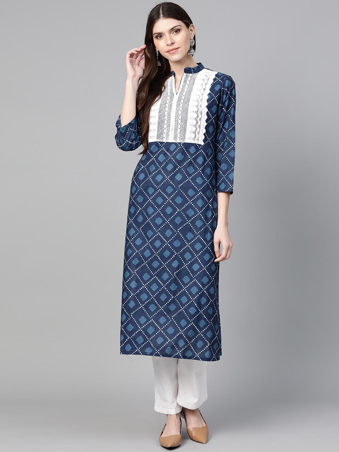 Women Maroon & Navy Blue Printed Straight Kurta
