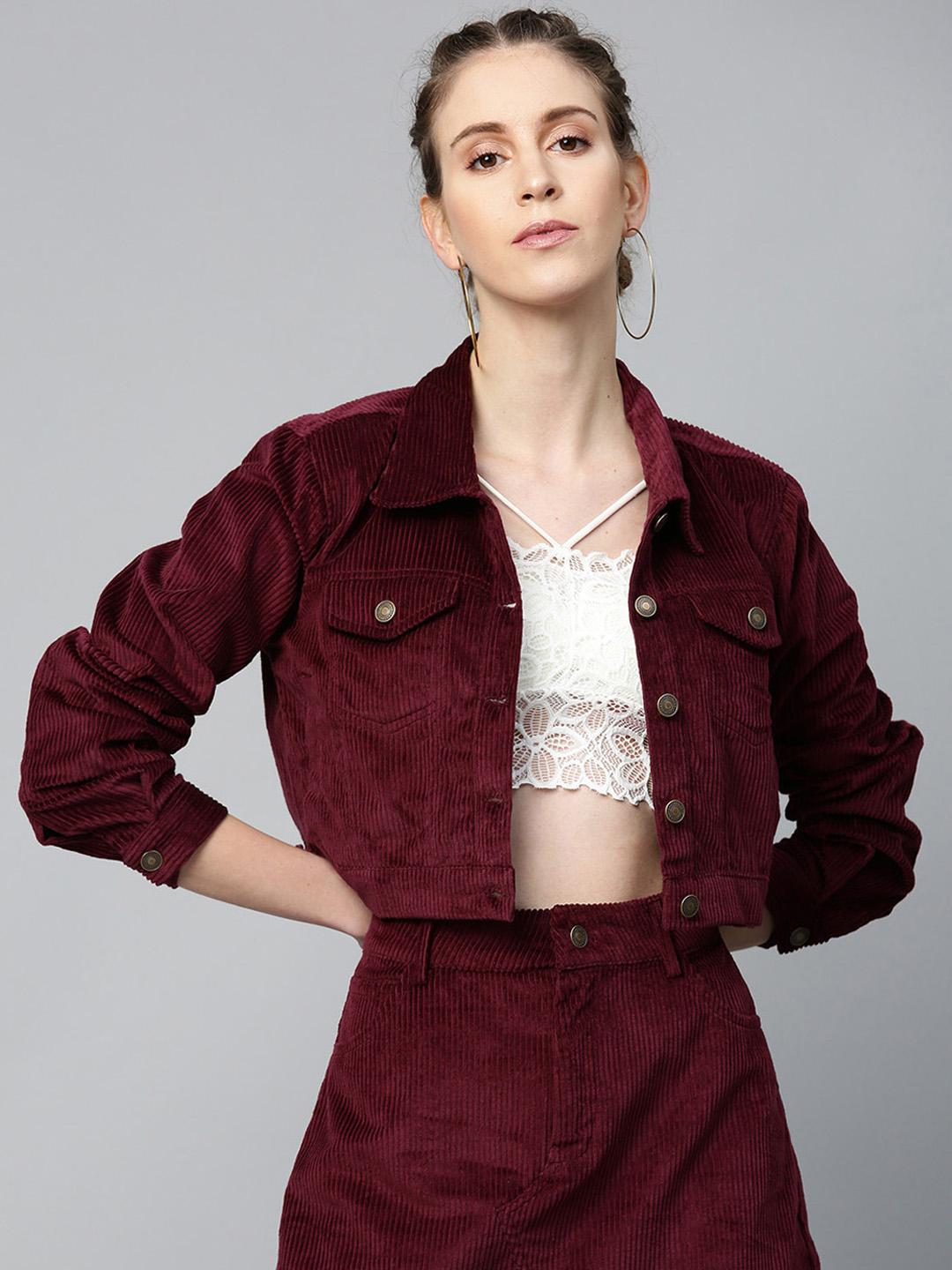 SASSAFRAS Women Self-Striped Corduroy Crop Tailored Jacket