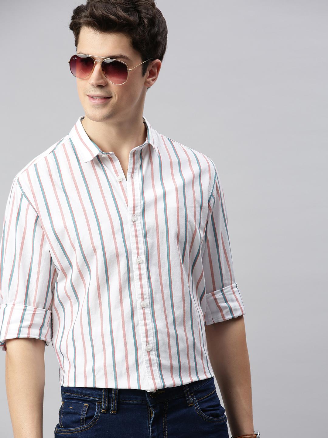 Mast & Harbour Men White & Teal Green Slim Fit Striped Casual Shirt