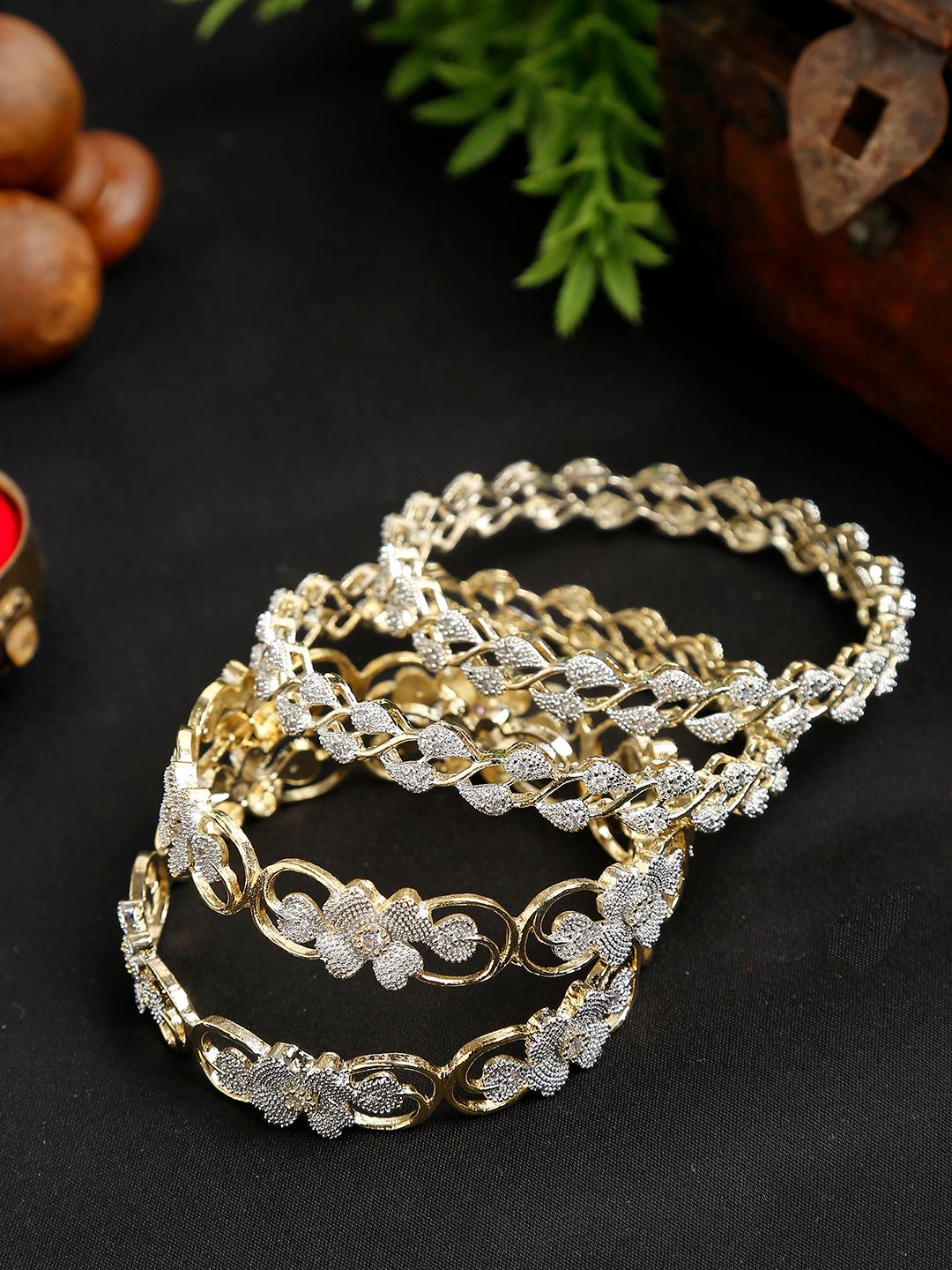 Buy YouBella Set Of 4 Silver Toned Gold Plated Stone Studded Floral Patterned Bangles - - Accessories for Women