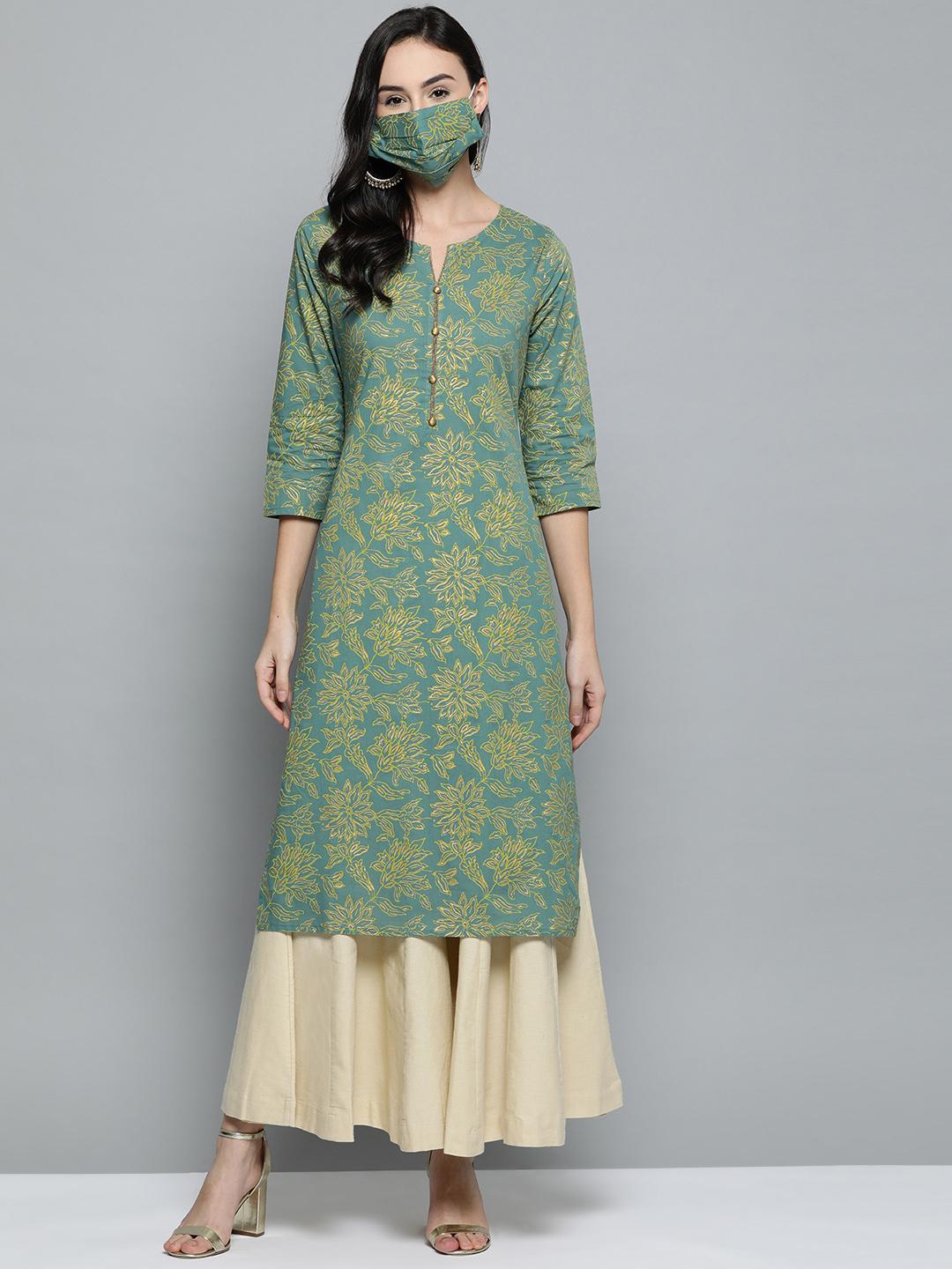 Women Taupe & Golden Printed Straight Kurta