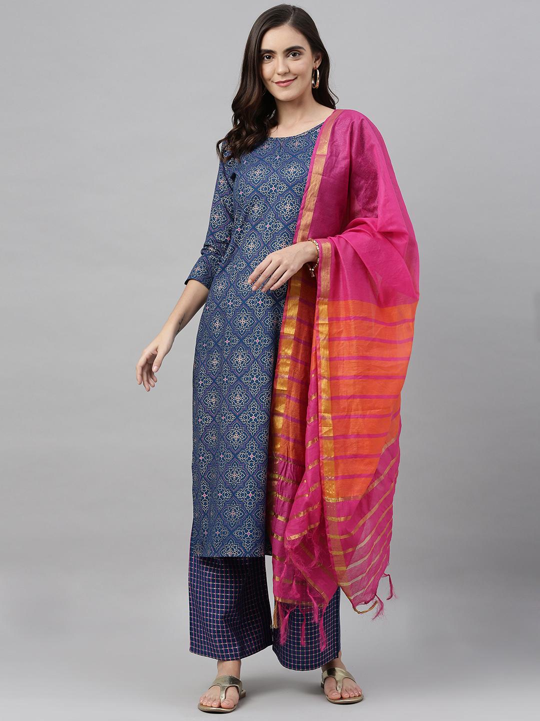 Girls Blue & Solid Kurta With Palazzos & Dupatta