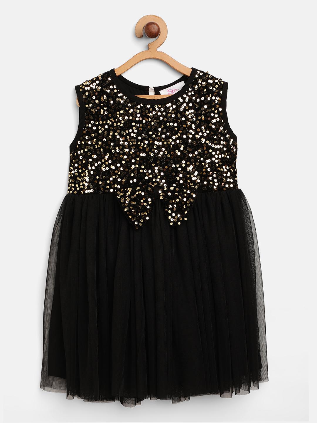 Buy Bella Moda Girls Black & Golden Sequinned Fit & Flare Dress ...