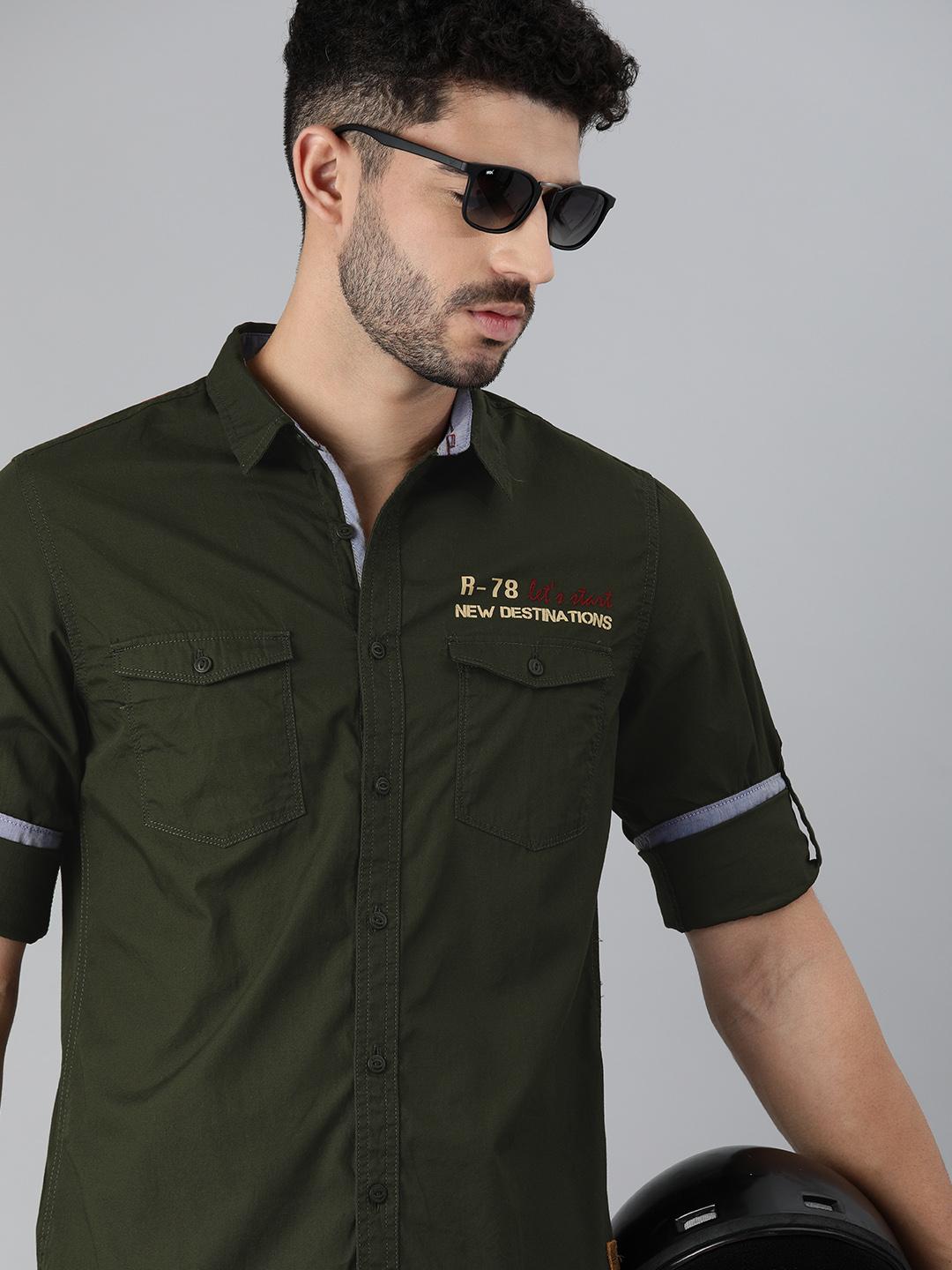 The Roadster Lifestyle Co Men Olive Green Solid Casual Shirt