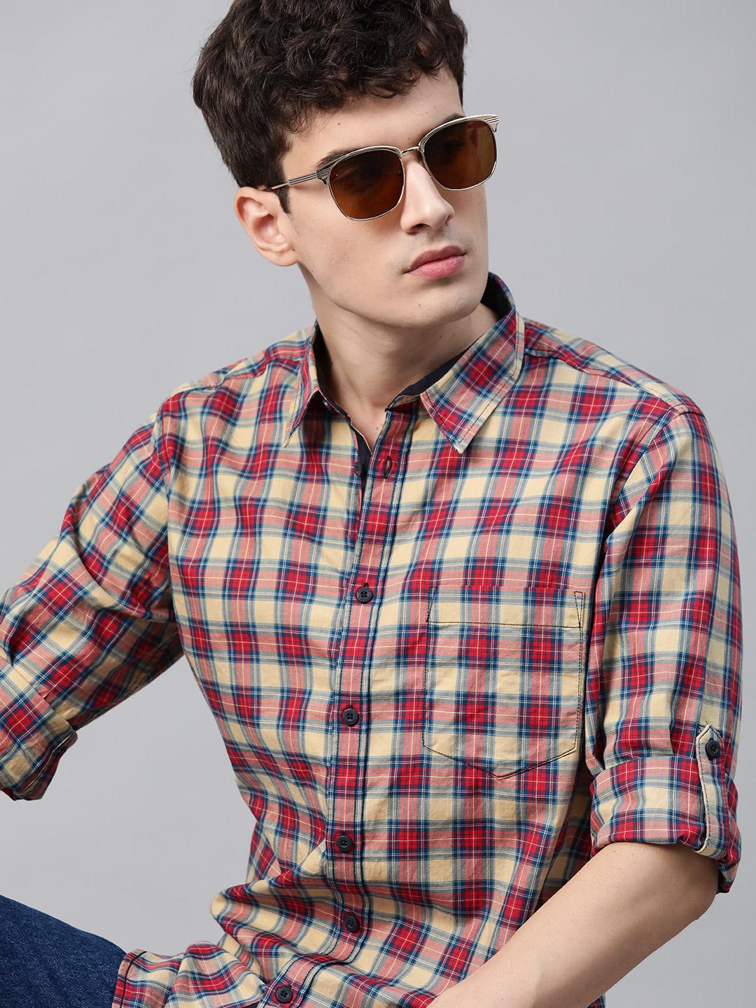 Roadster Men Cream Coloured & Red Pure Cotton Tartan Checked Casual Shirt