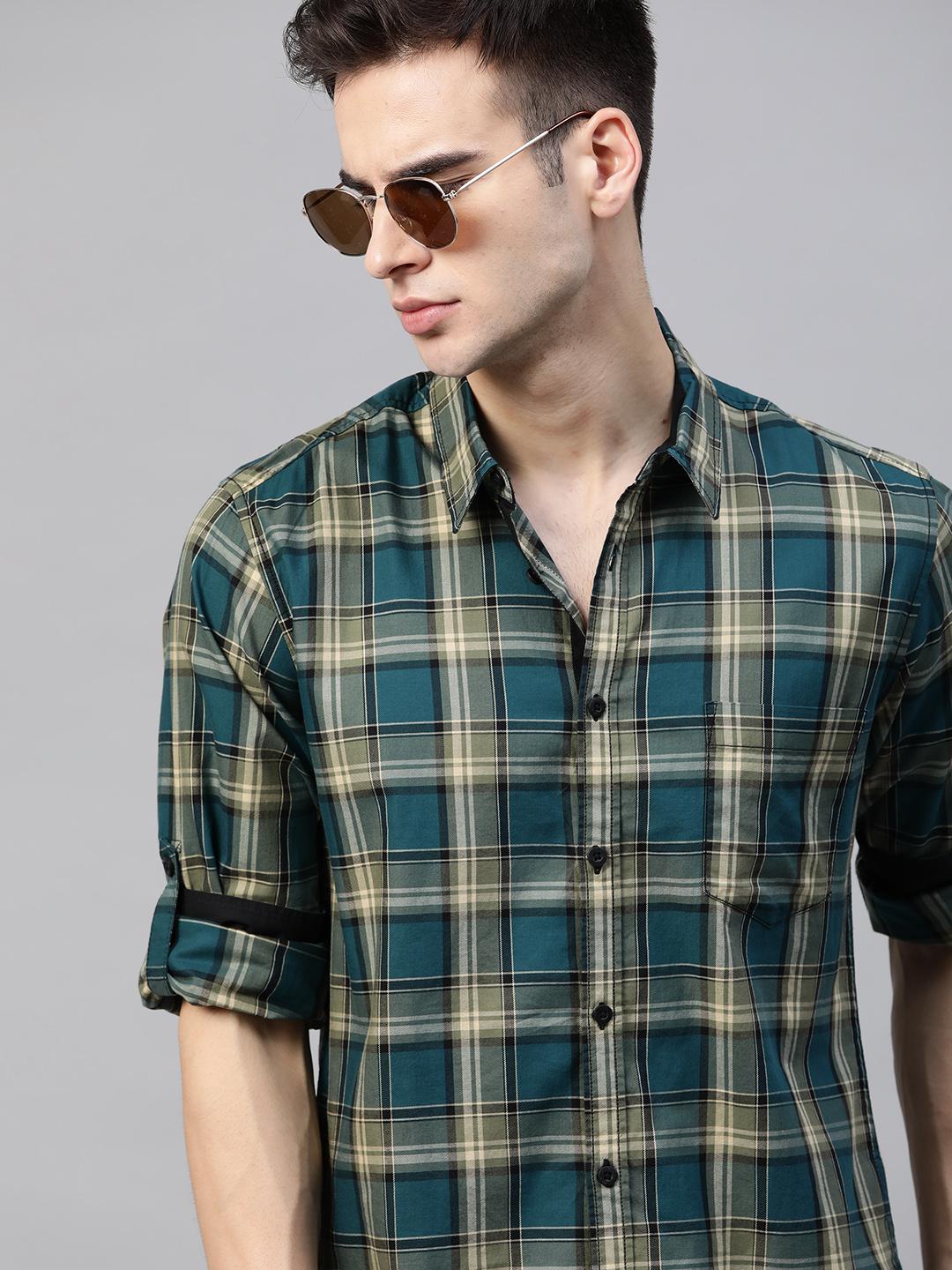 Roadster Men Teal Blue Tartan Checked Pure Cotton Casual Shirt