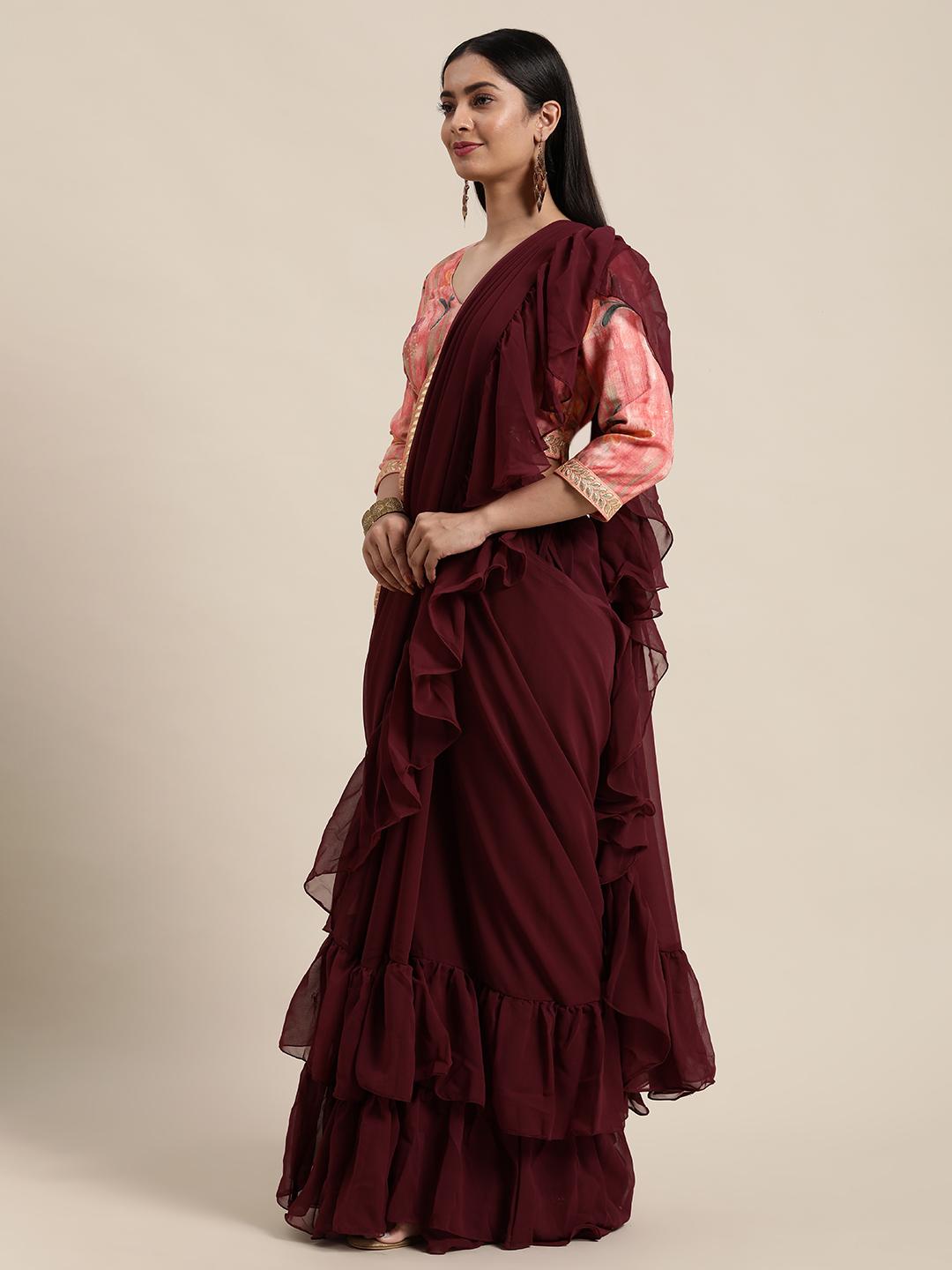 Buy Ethnovog Burgundy Ruffle Saree - Sarees for Women 13920464 | Myntra
