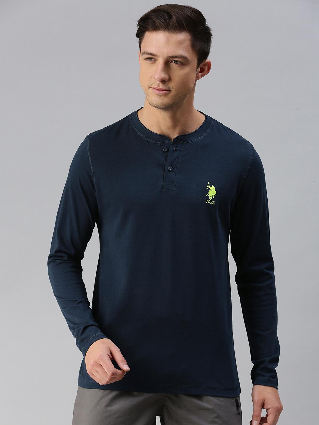 Buy U.S. Polo Assn. Men Navy Blue Solid Pure Cotton Henley Neck Lounge T Shirt - - Apparel for Men