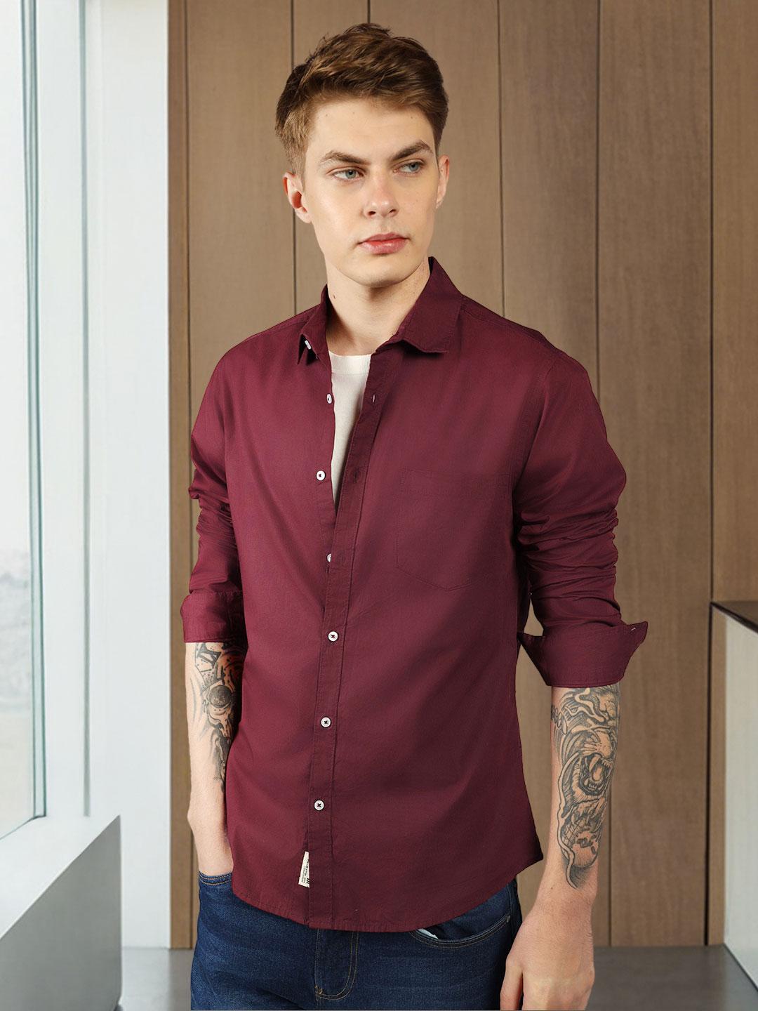 Dennis Lingo Men Maroon Solid Slim Fit Cotton Casual Shirt