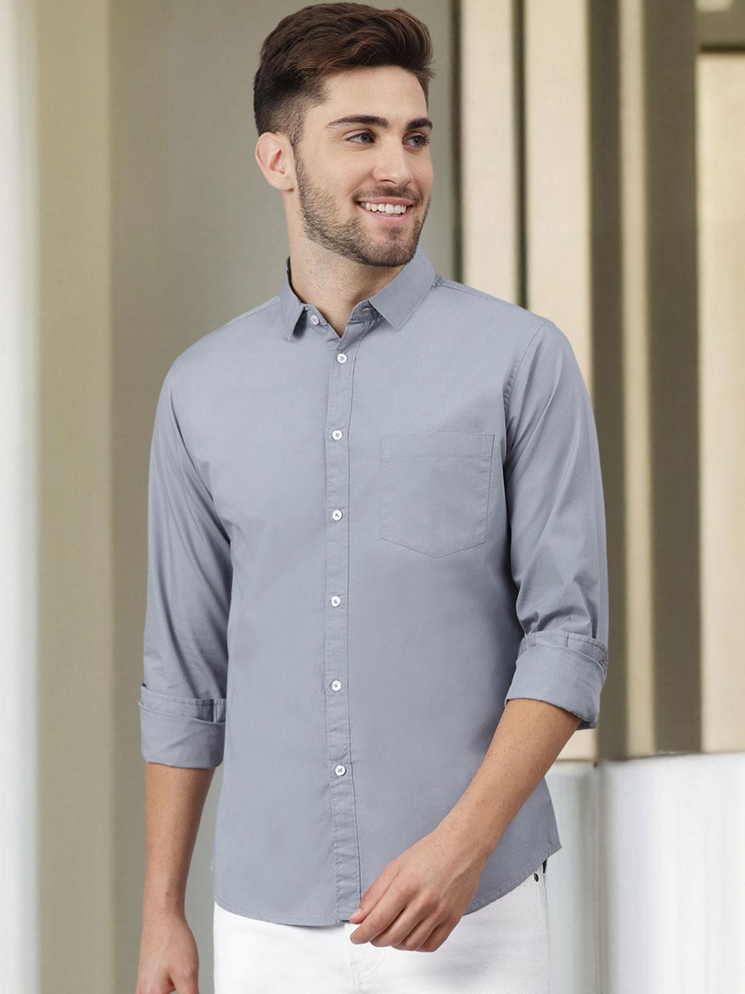 Dennis Lingo Men Grey Slim Fit Solid Casual Shirt