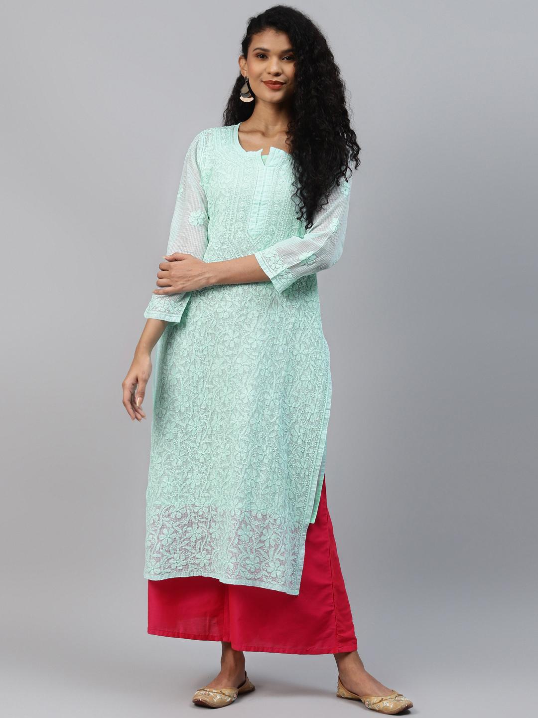 Women Sea Green & Golden Checked Straight Kurta main image 0