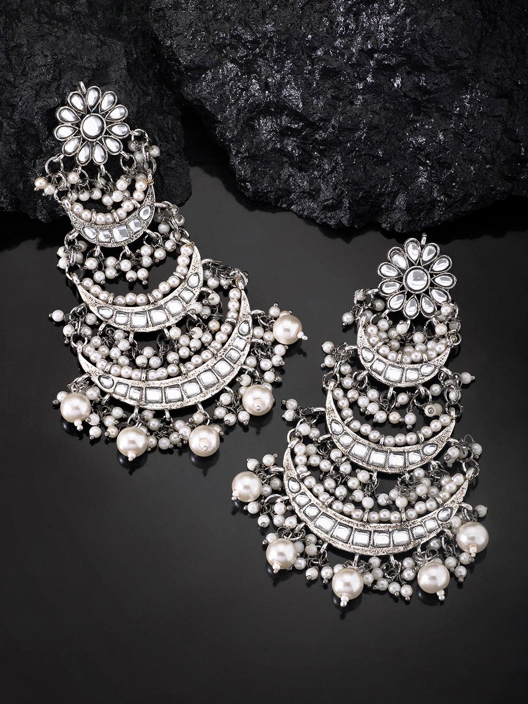 Buy Peora Oxidised Silver Plated Handcrafted Crescent Shaped Kundan & Pearl Chandbalis -  - Accessories for Women