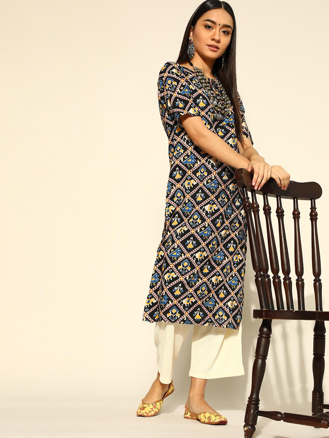 Women Blue Pure Cotton Printed Straight Kurta