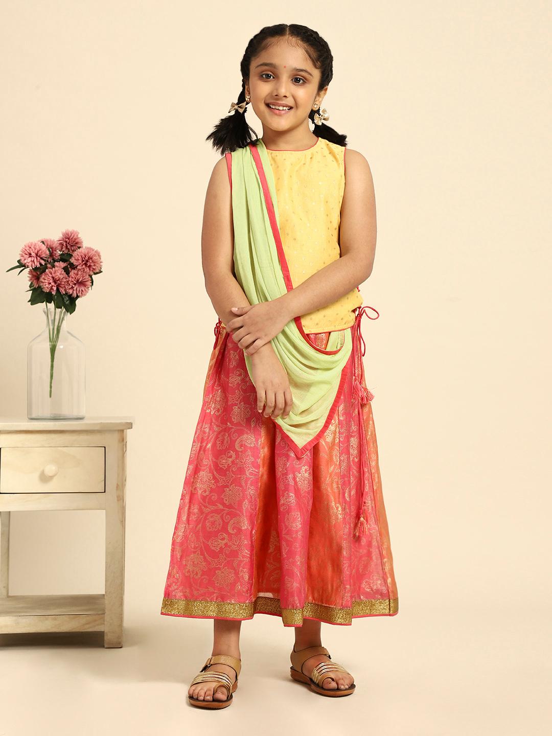 Girls Pink Orange Ready To Wear Lehenga Blouse With Dupatta