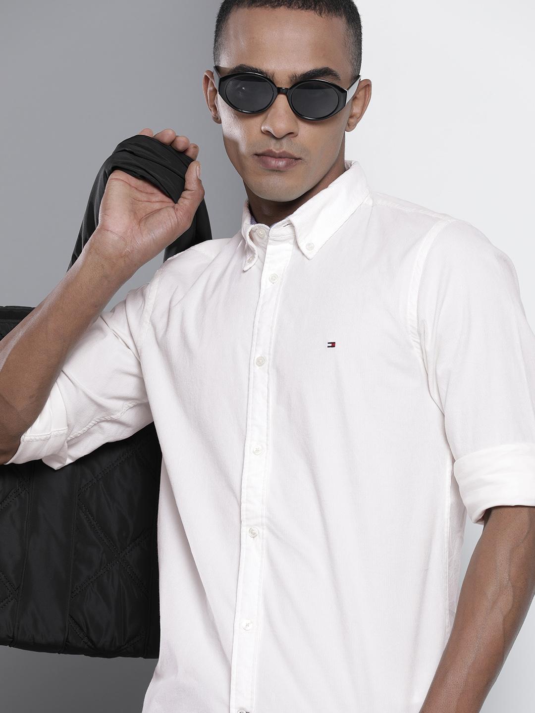 Buy Tommy Hilfiger Men White Solid Slim Fit Corduroy Casual Shirt ...