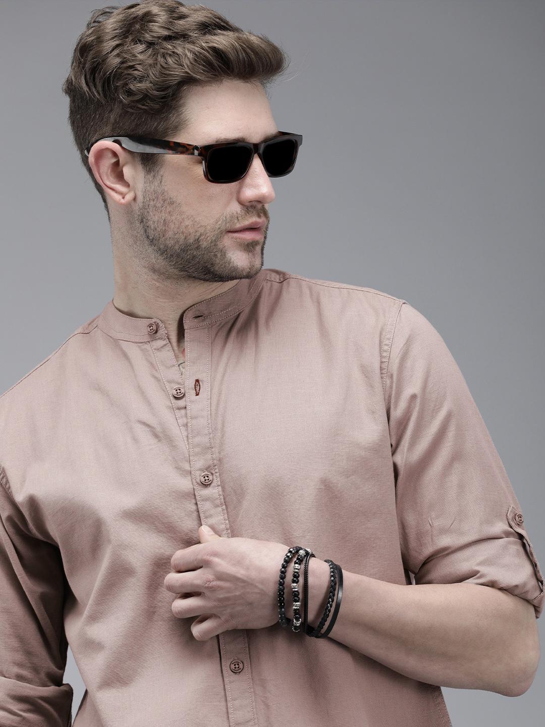 Roadster Men Beige Mandarin Collar Roll-Up Sleeves Casual Shirt