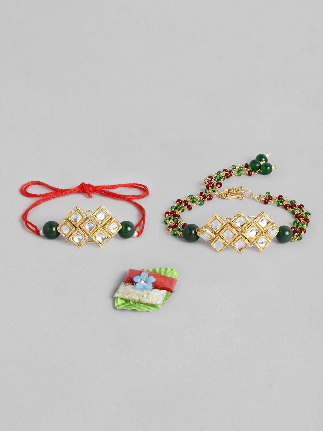Buy I Jewels Set Of 2 Green & Gold Toned Stone Studded & Beaded Bhaiya Bhabhi Rakhis -  - Accessories for Men