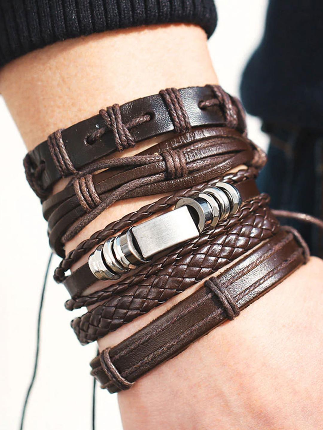Buy Shining Diva Fashion Men Set Of 5 Brown  Silver Toned Leather Silver Plated Multistrand Bracelet -  - Accessories for Men