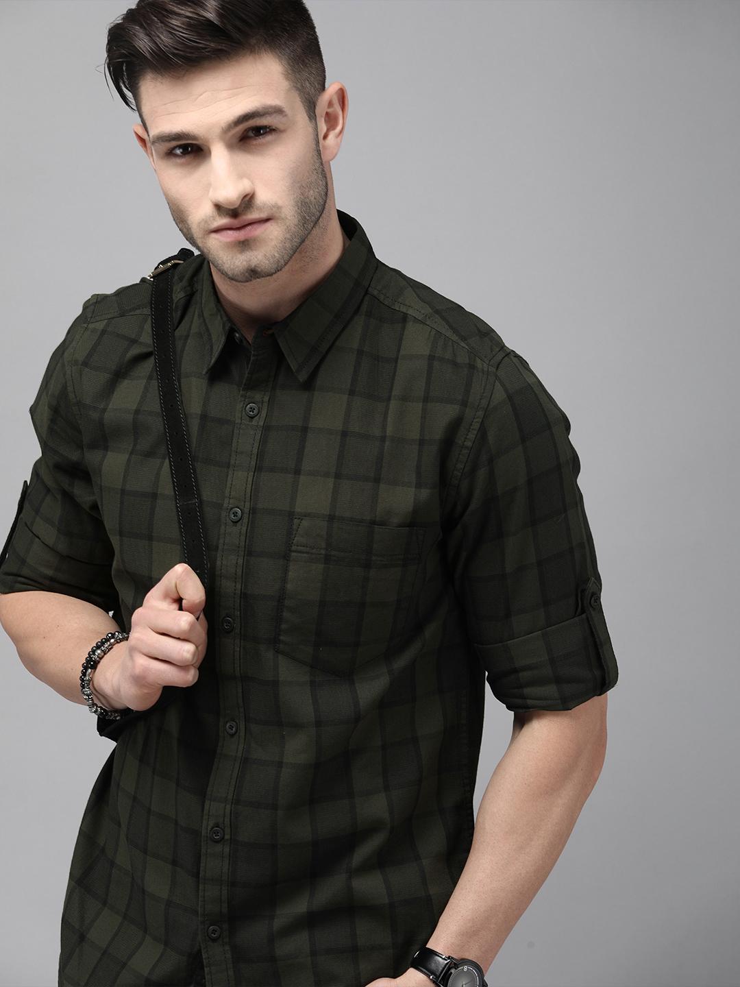 Roadster Men Olive Green & Black Checked Pure Cotton Casual Shirt