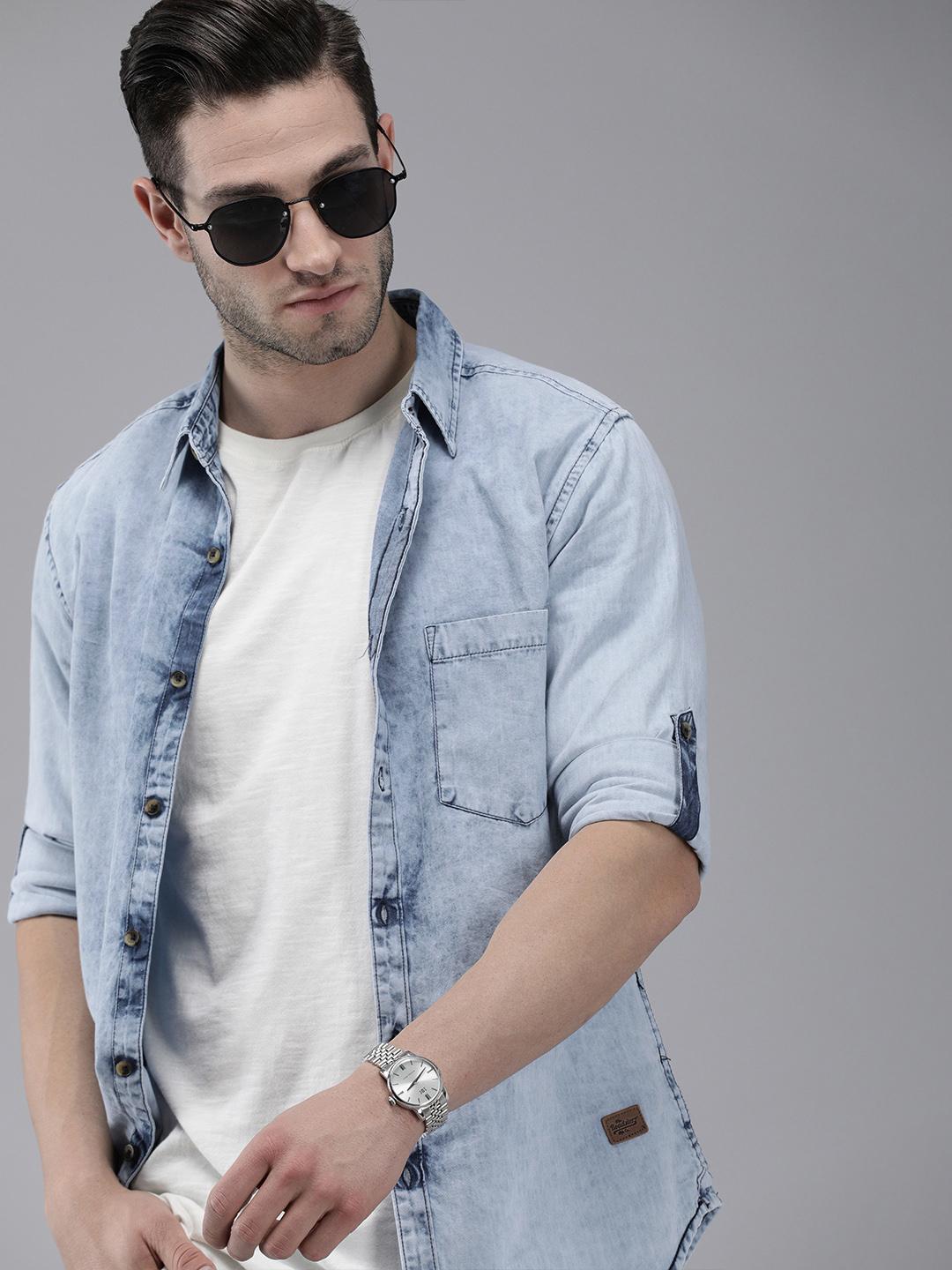Roadster Men Blue Faded Pure Cotton Casual Denim Shirt