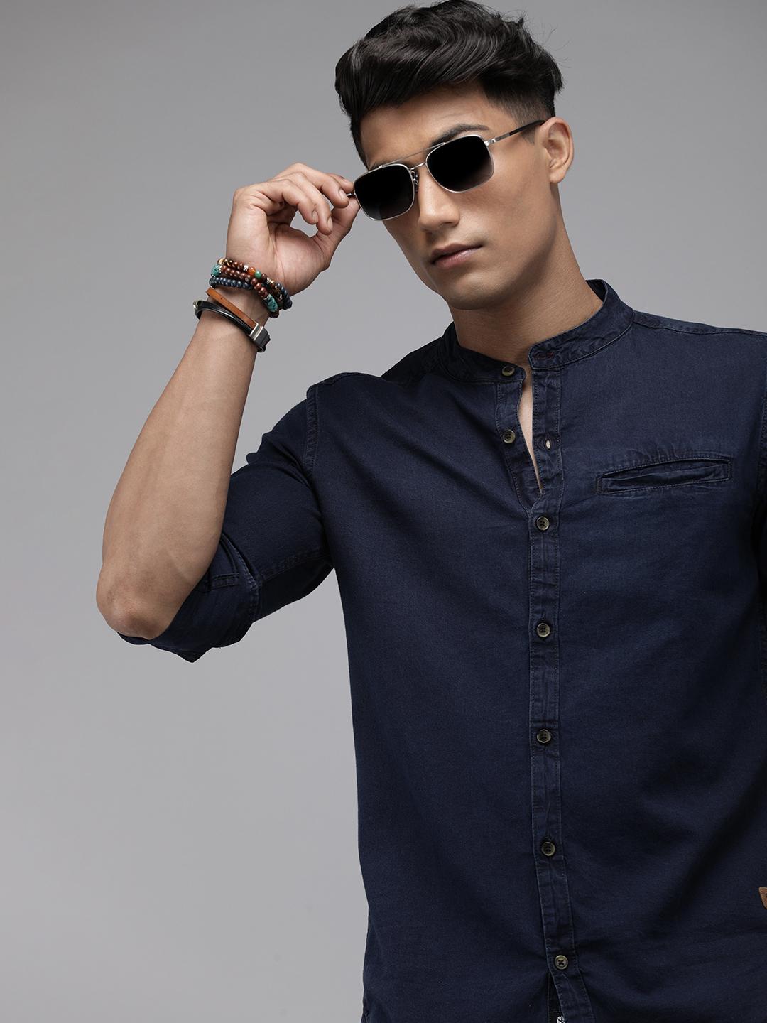 Roadster Men Navy Blue Regular Fit Solid Opaque  Cotton Casual Denim Shirt with Pocket