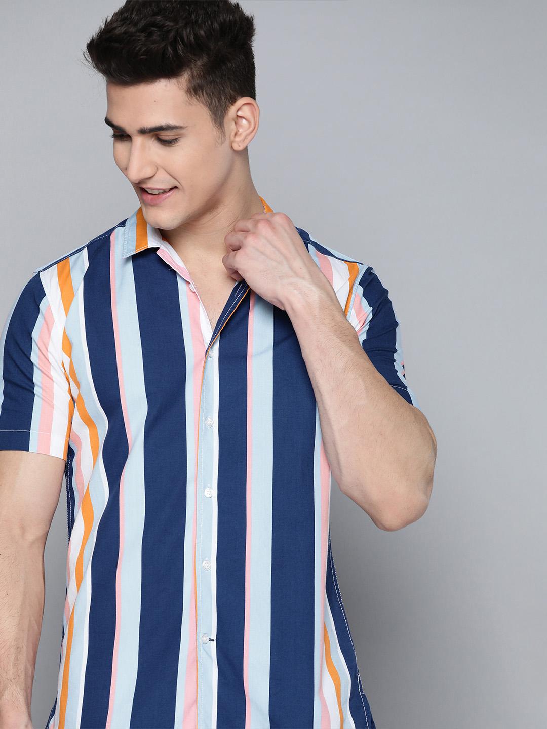 Mast & Harbour Men Blue Striped Cotton Casual Shirt