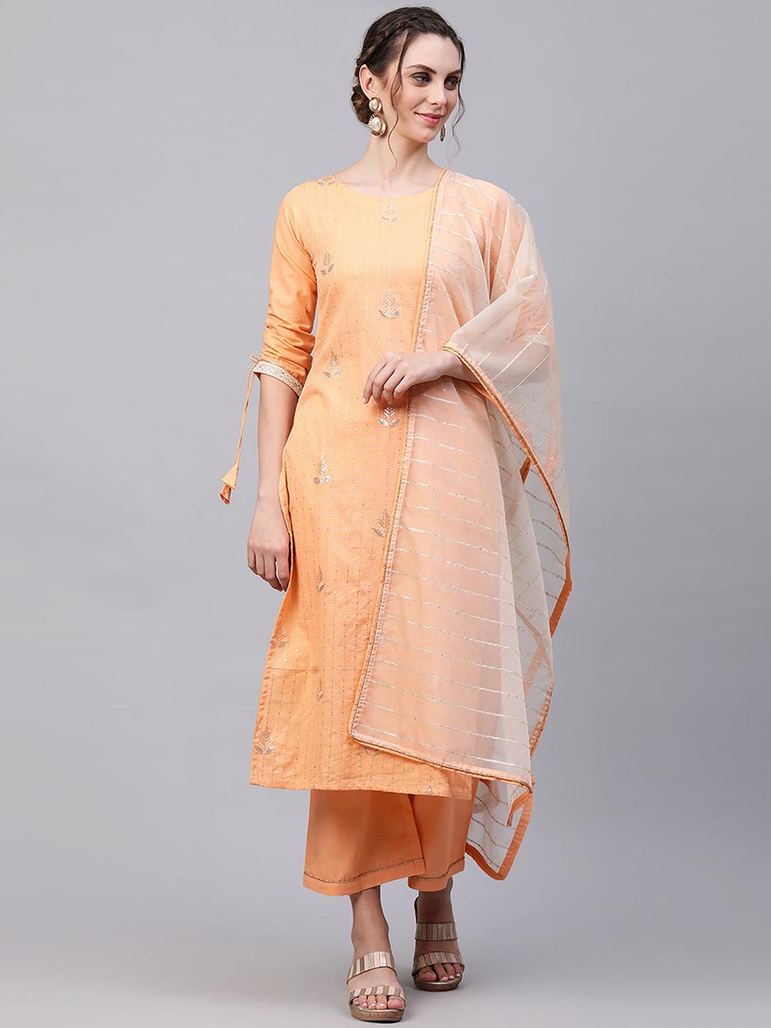 Women'S Peach-Coloured Solid Kurta With Palazzos & Dupatta main image 0