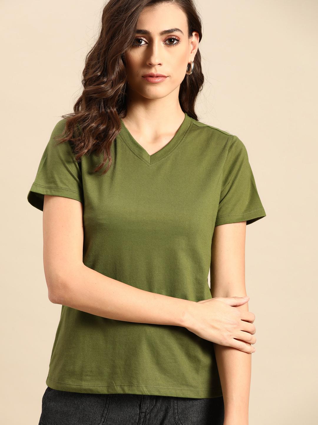 Buy All About You Women Olive Green V Neck T Shirt - Tshirts for Women ...