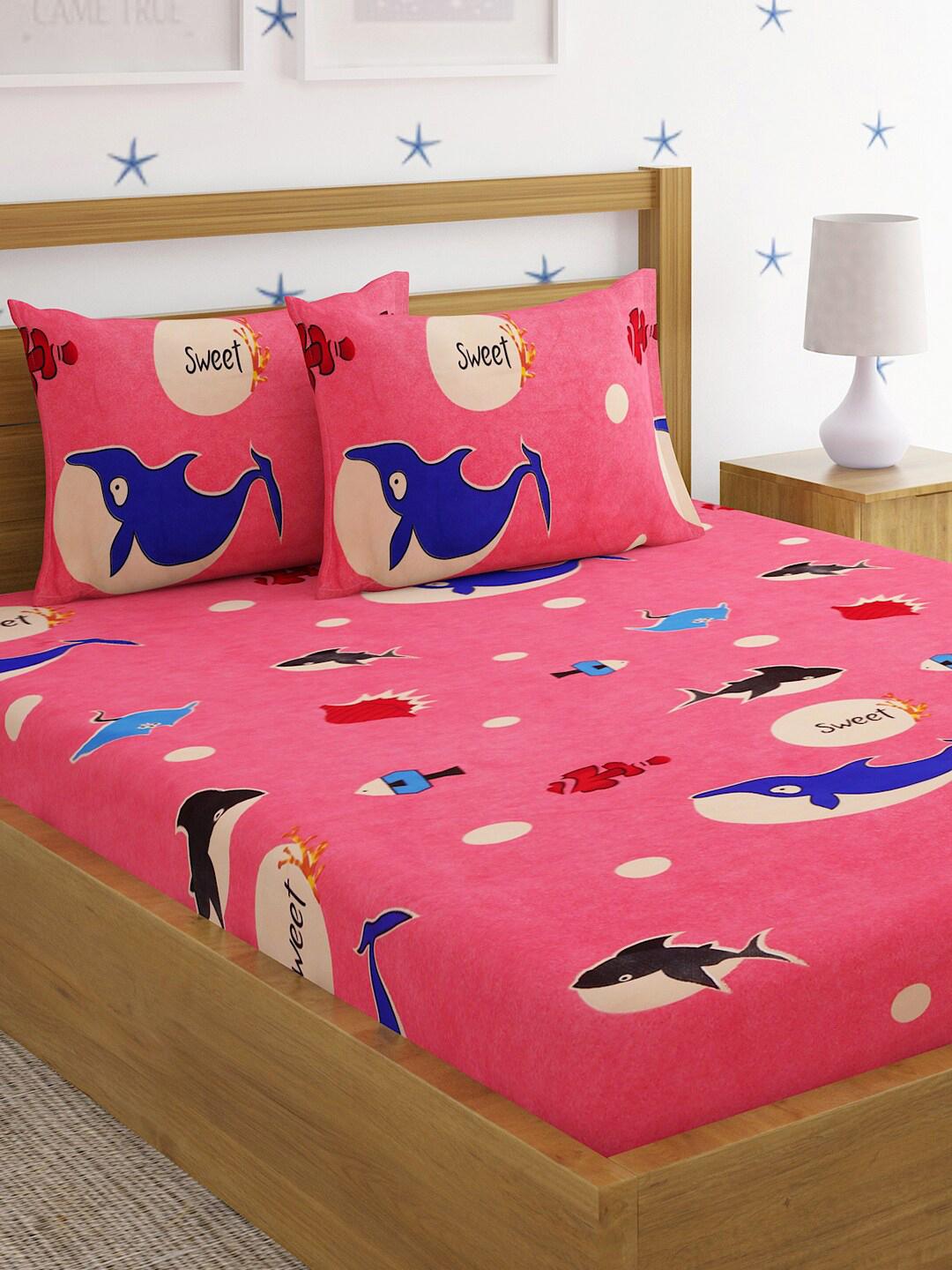 Buy HOSTA HOMES Glaced Pink Animal Polycotton 220 TC Fitted Queen Fine Bedsheet With 2 Pillow Covers 90 X 100 Inches -  - Home for Unisex Kids