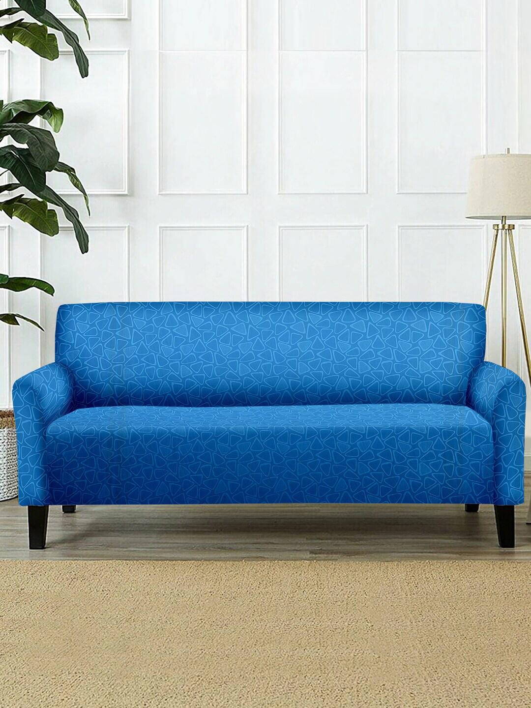 Buy Cortina Blue Geometric Polyester Straight 3 Seater Sofa Cover 57x73In -  - Home for Unisex