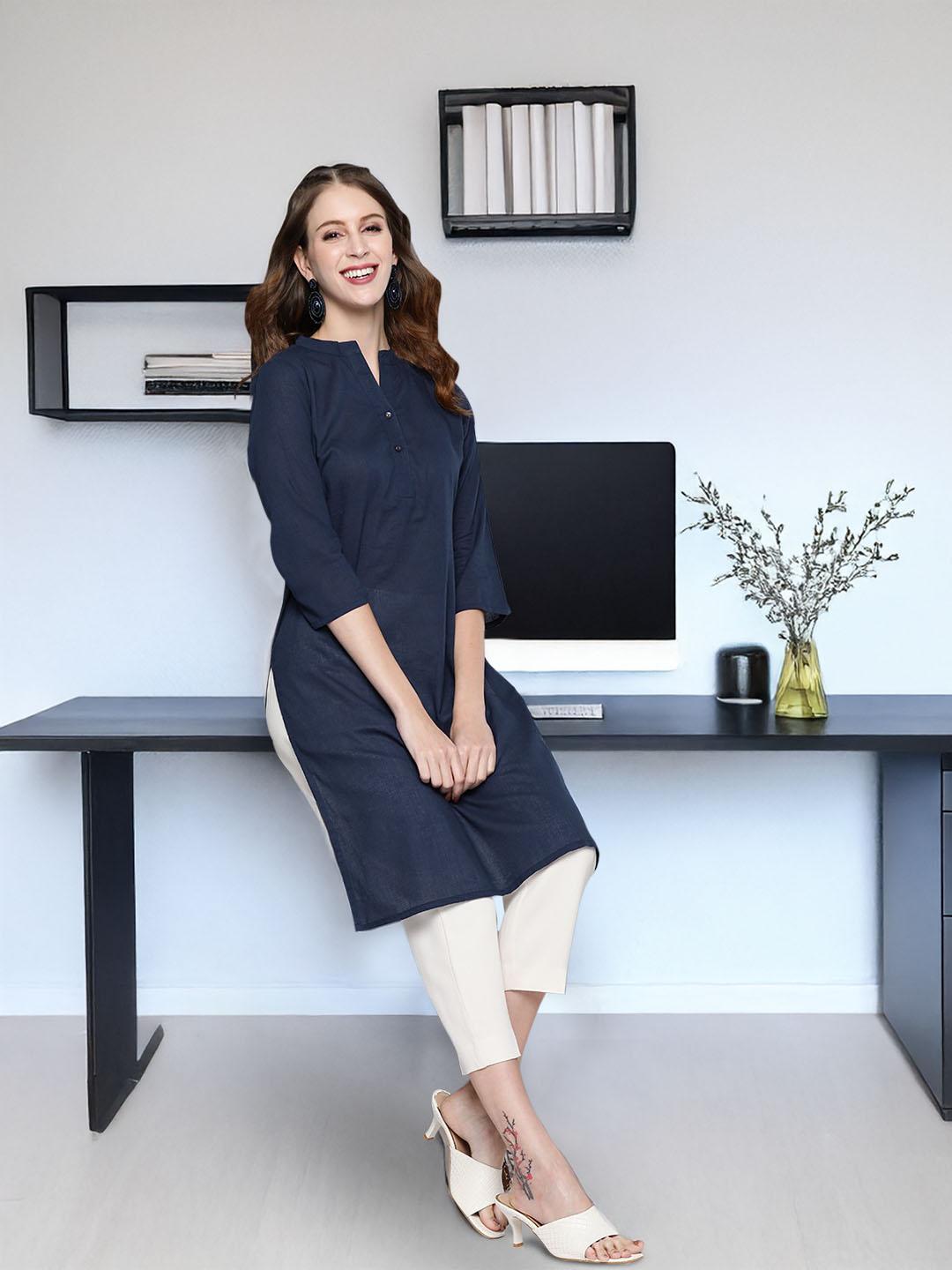 Women Navy Blue Solid A-Line Kurta main image 1