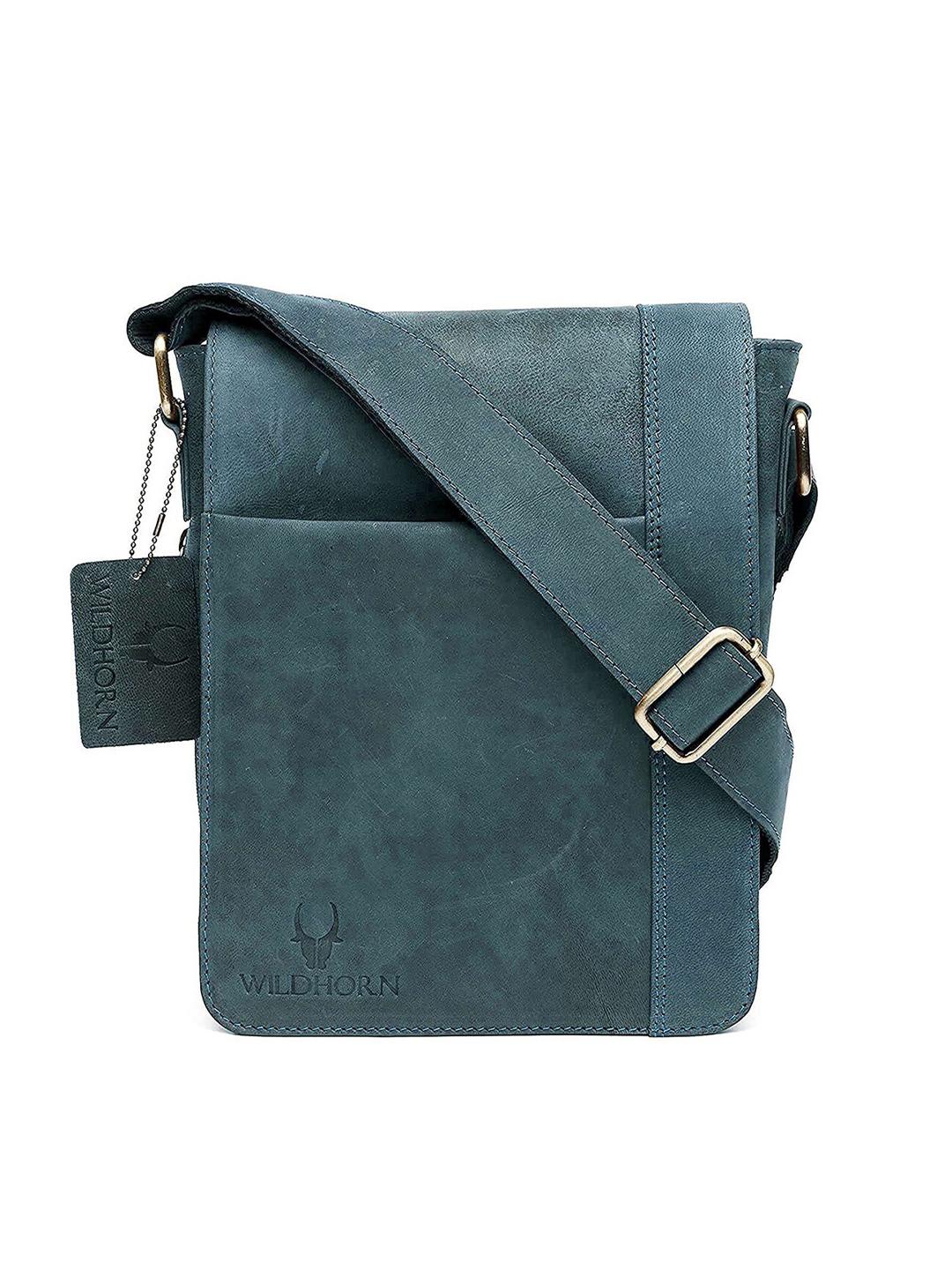 Buy WildHorn Men Blue Solid Leather Sling Messenger Bag - - Accessories for Men