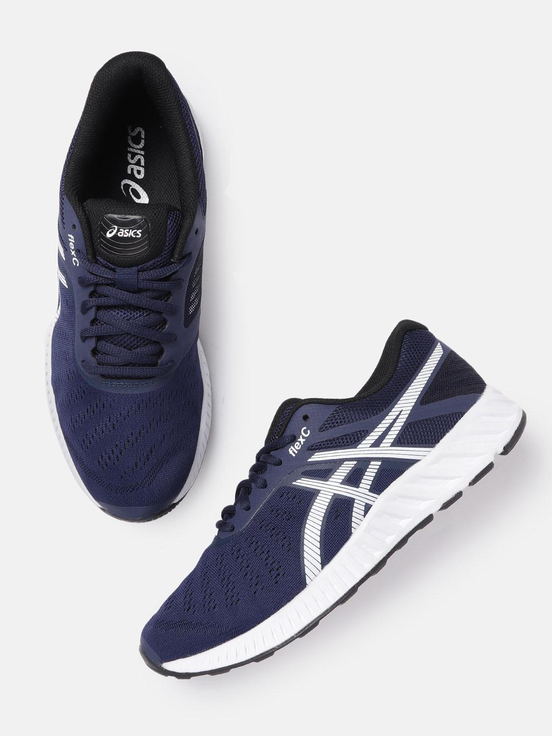 Buy ASICS Men Navy Blue & White Woven Design Flexc Running Shoes - - Footwear for Men