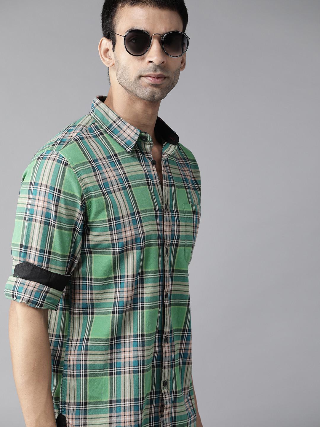 Roadster Men Green & Blue Cotton Tartan Checks Opaque Checked Sustainable Casual Shirt