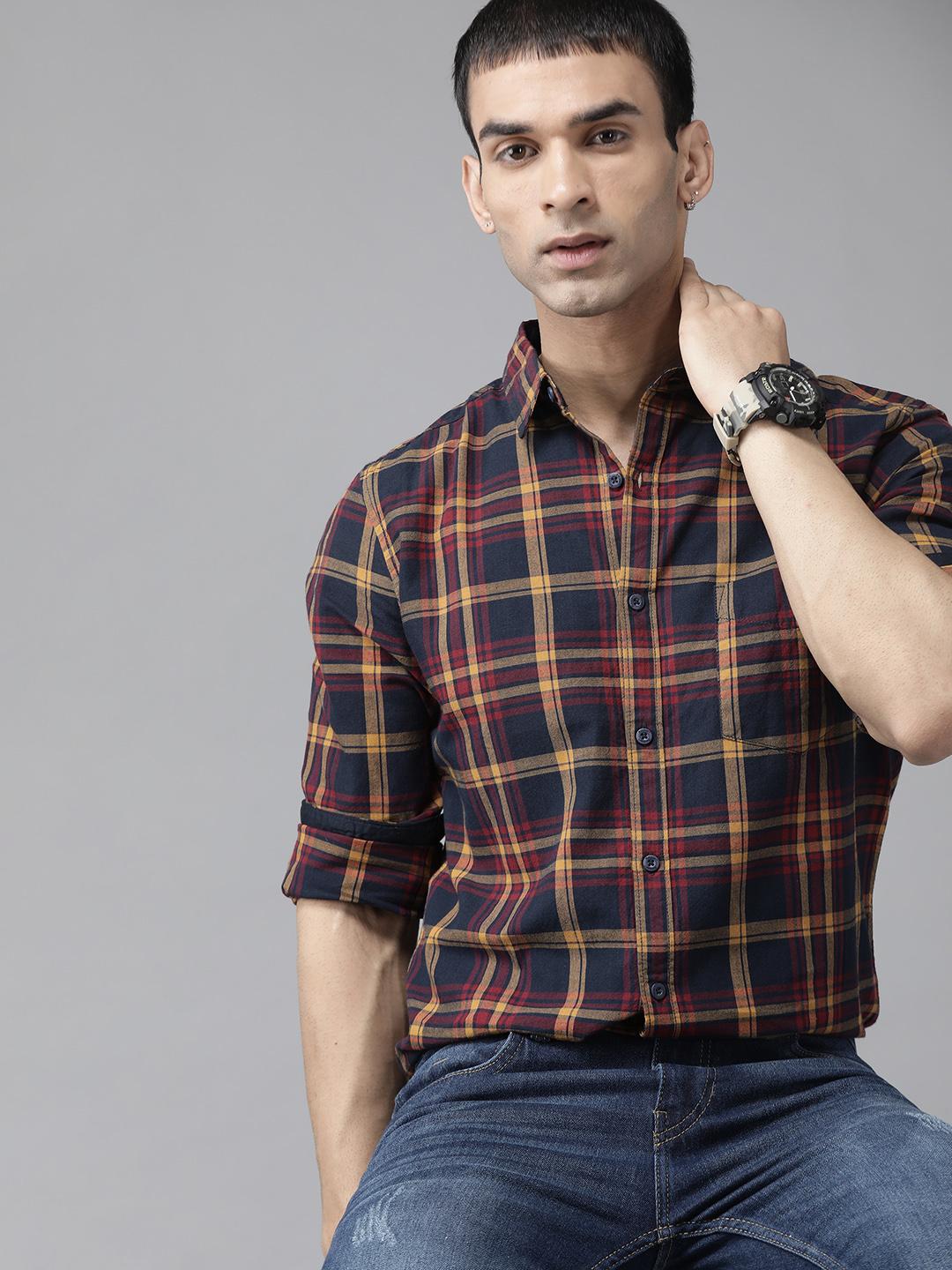 Roadster Men Navy Blue & Mustard  Cotton Tartan Checks Casual Shirt